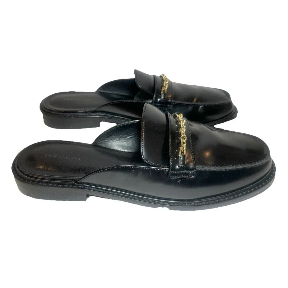 Ann Taylor Black Leather Chain Loafer Mule Slides Women’s Size 9